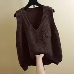 Vest V-neck Brown Knitted Top for Women Black Ladies Sweaters Fashion 2025 90s Vintage Korean Autumn Winter Y2k Trend Cashmere