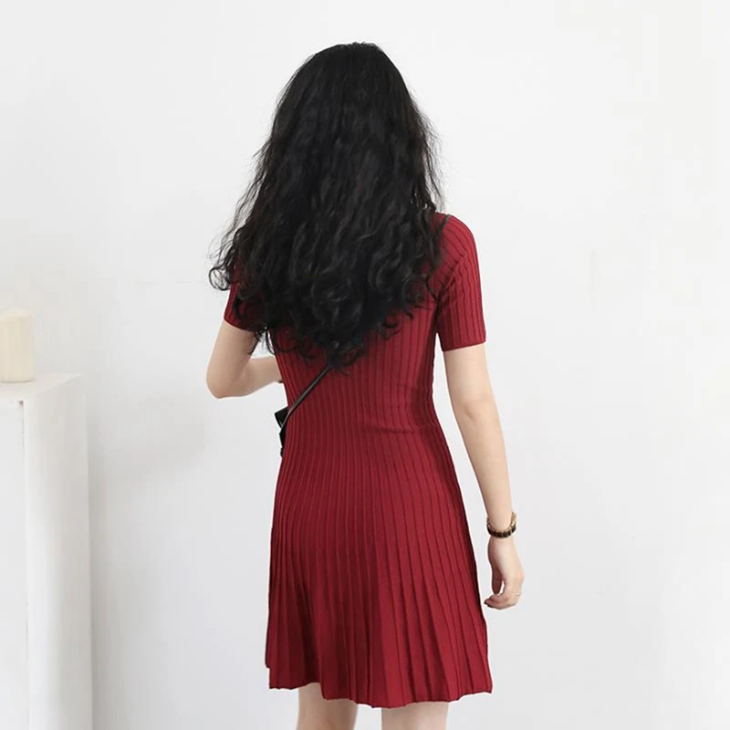 Pleated Casual Dress Buttons Slim Fit A-Line Knitted Dress Women Fashion Short Sleeve V-Neck Pleated Dress Vestido Short sleeves