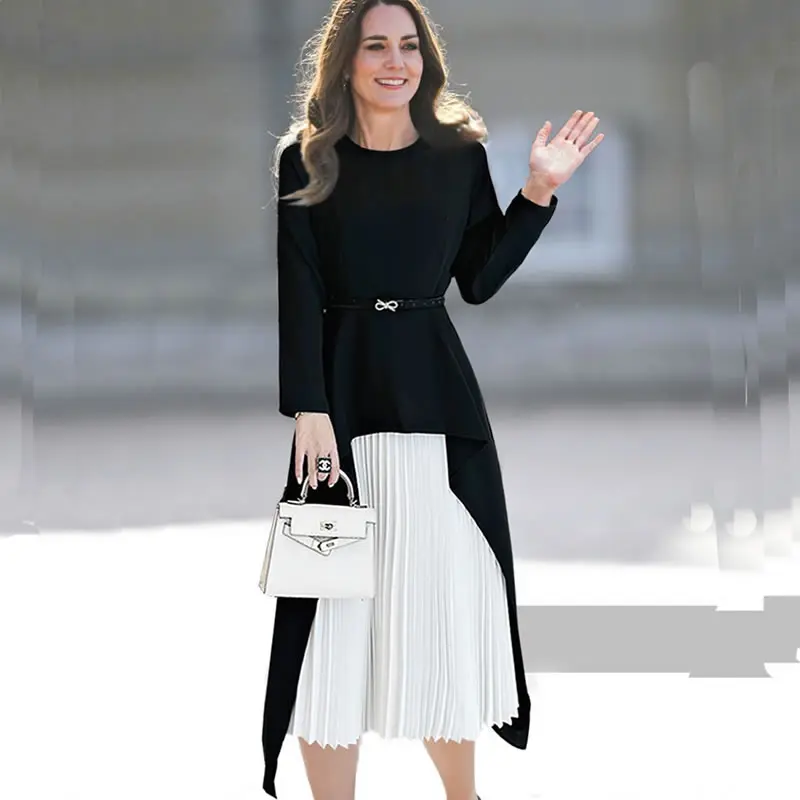 

Elegant O-Neck Long Sleeve Pleated Dresses With Belt Kate Princess Patchwork Women Dress