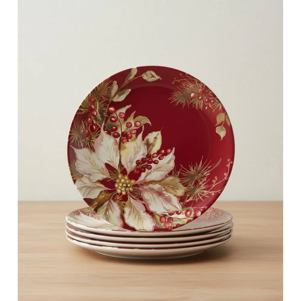 

11" Holiday Dinner Plates Set of 4, Festive Poinsettia Designs, Durable Earthenware for Family Dining & Entertaining