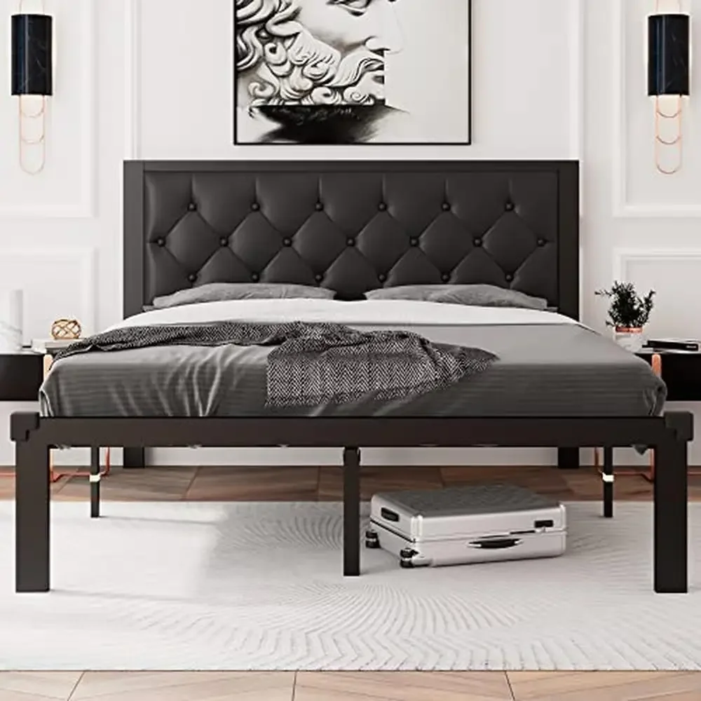 Queen Size Metal Bed Frame with Faux Leather Diamond Button Tufted Headboard Heavy Duty Platform Bed Frame Storage Steel Slats