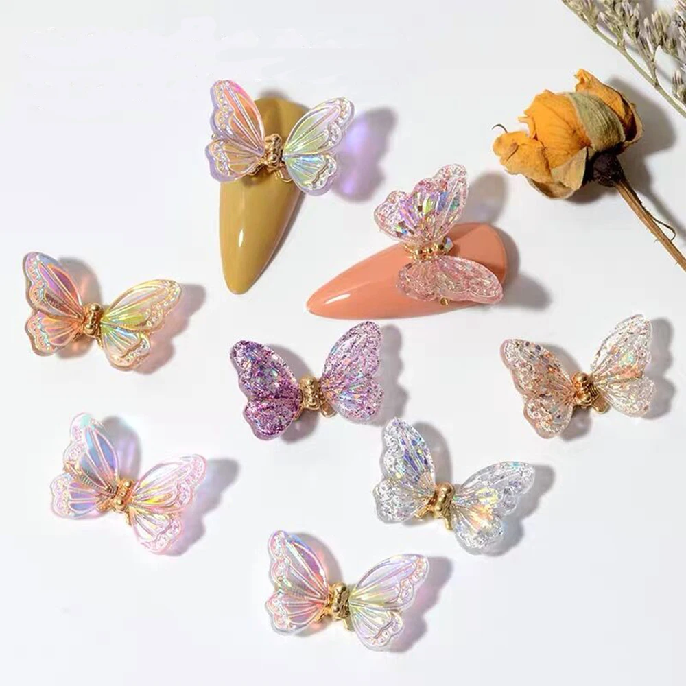 5Pcs/Lot Aurora Butterfly Nail Nails Art Charm 3D Shinying Moving Crystal Butterfly Nail Jewelry Parts Nails Decoration For Girl