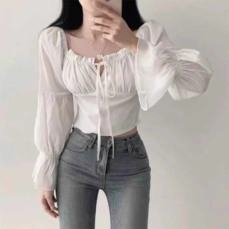 KUSAHIKI Korean Chic Spring Fashion Lace Up Off Shoulder Shirt Women\'s Slim Fit Flare Sleeve Short Top 2024 New Blusas De Mujer