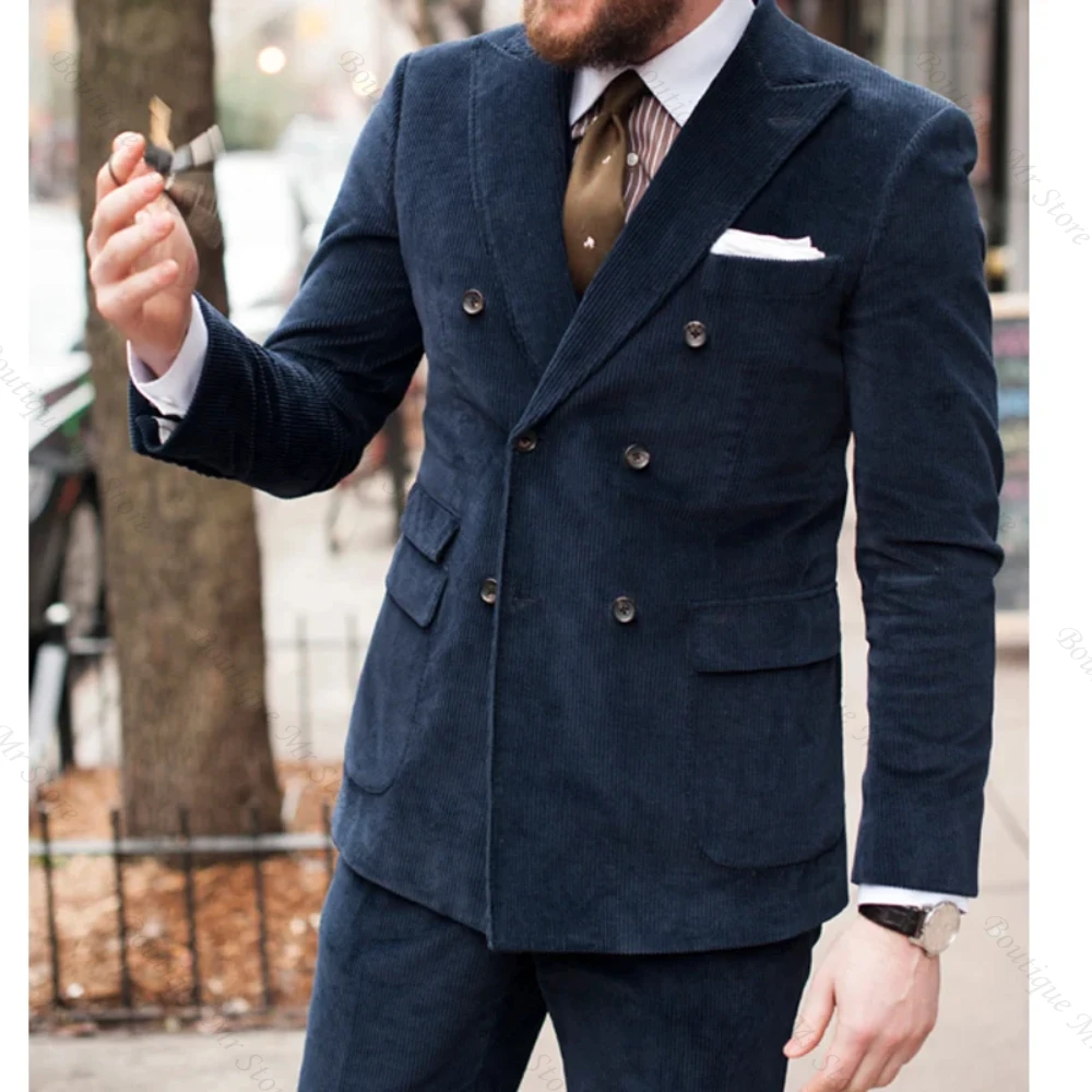 

Navy Blue Corduroy Double Breasted Suits for Men 2 Piece Casual Wedding Groom Fashion Set Jacket with Pants
