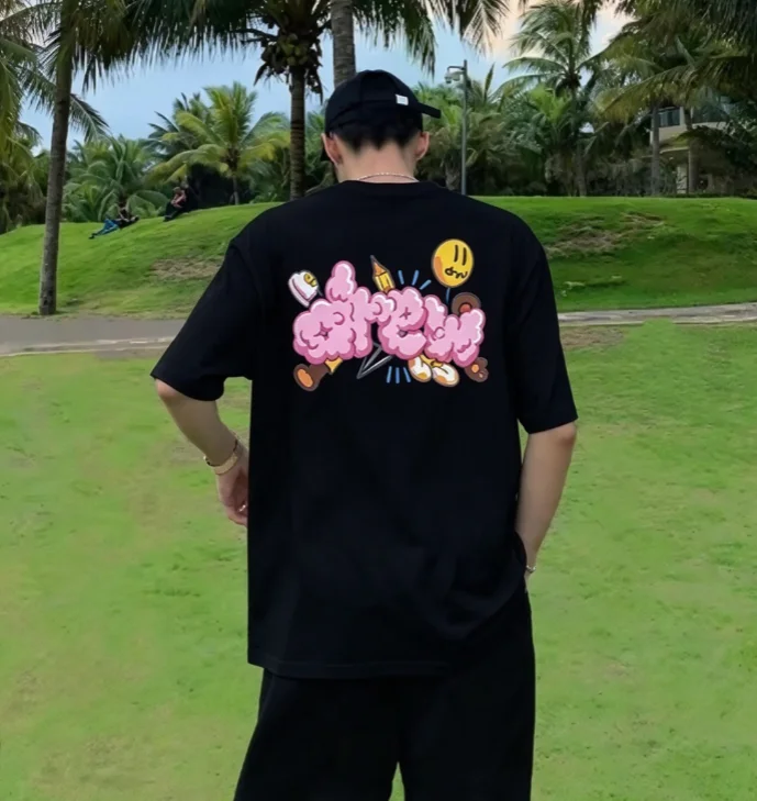 2026 new Back Graffiti Bubble‑Letter Smiley Graphic Print High‑Quality Comfort Loose Street‑Style Short‑Sleeve Tee