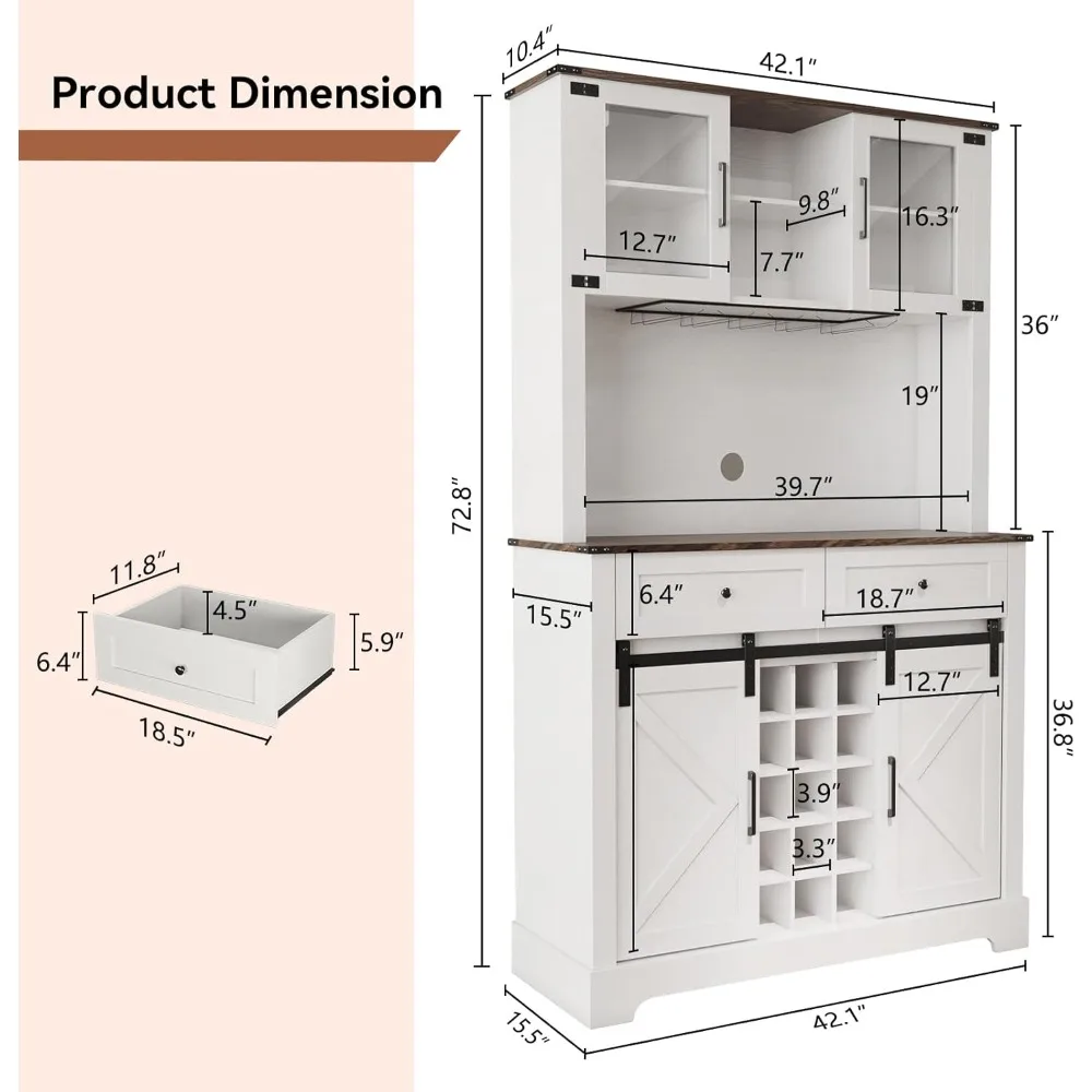 ファームハウススタイルの背の高いキッチンビュッフェキャビネット、引き戸とワイングラス収納付き