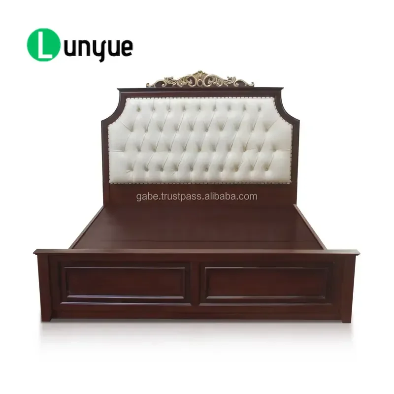 Modern Carved Solid Mahogany Bed Dark Brown Upholstered Headboard Durable Wooden Frame Bedroom Furniture Elegant Design