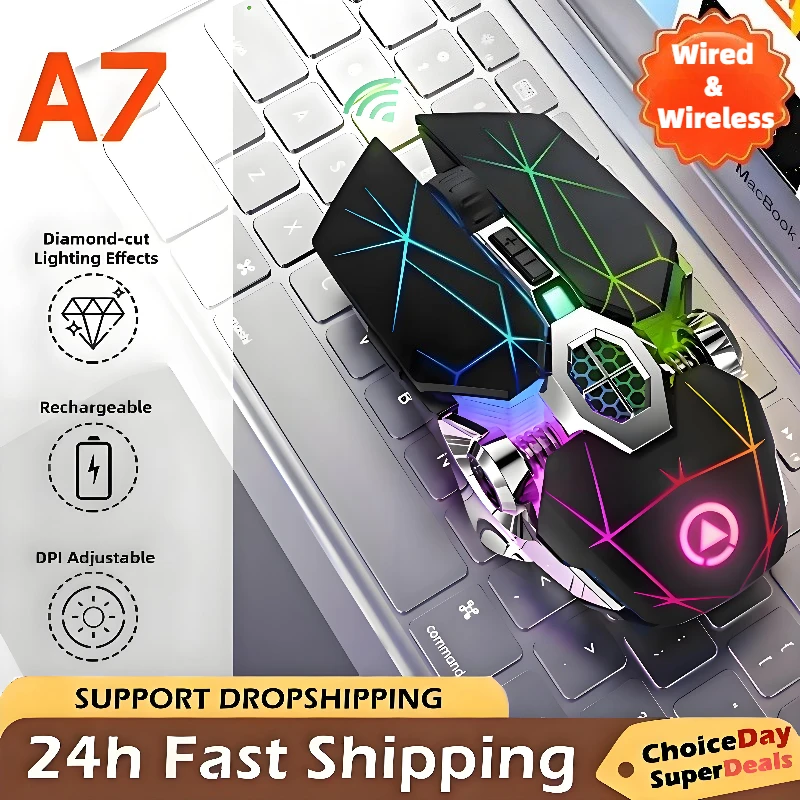 

A7 Wireless Gaming Mouse Rechargeable Mute Office Mouse Optical 2.4G USB Ergonomic 1600DPI LED Backlit Silent Mice for PC Laptop
