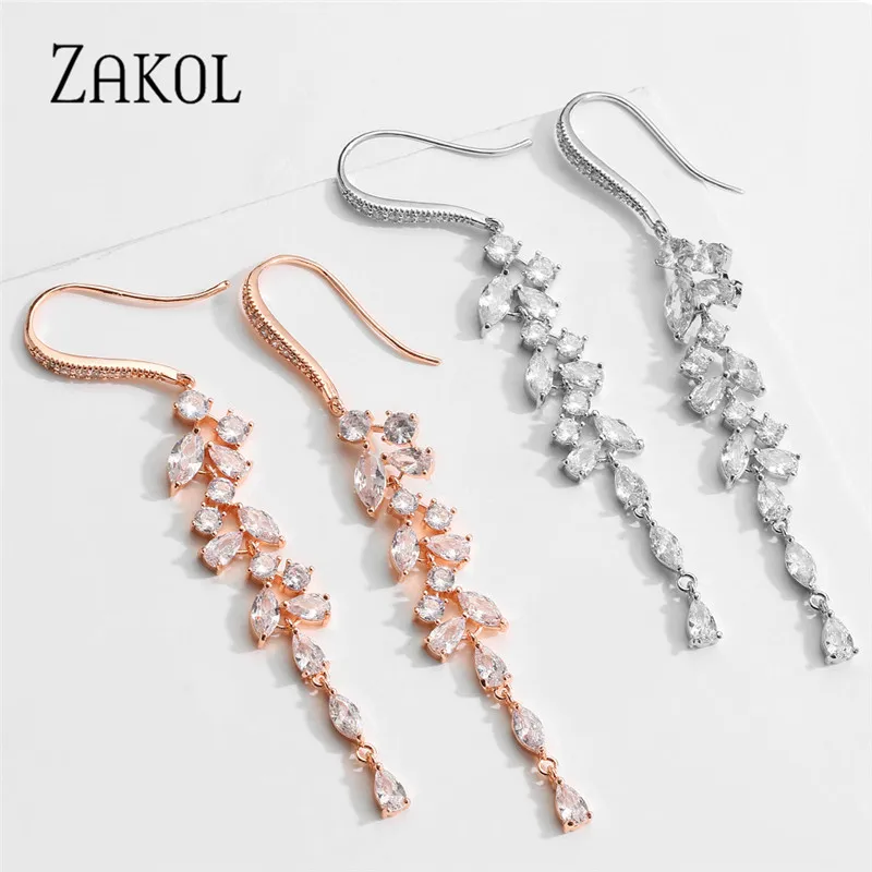 ZAKOL Two Tone Leaf Cubic Zirconia Long Dangle Earrings for Women Bridal Wedding Event Pendant Style