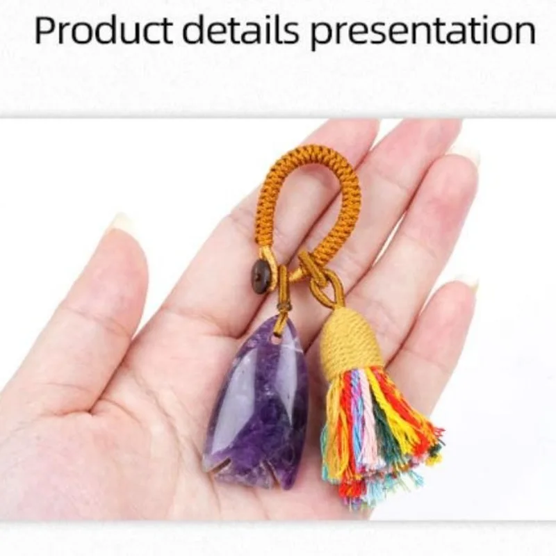 5pcs/lot Natural Stone Agate Jade Fish Shape Cotton Tassels Keychain Portable Pendant for Bag Clothing & Car Interior Ornament