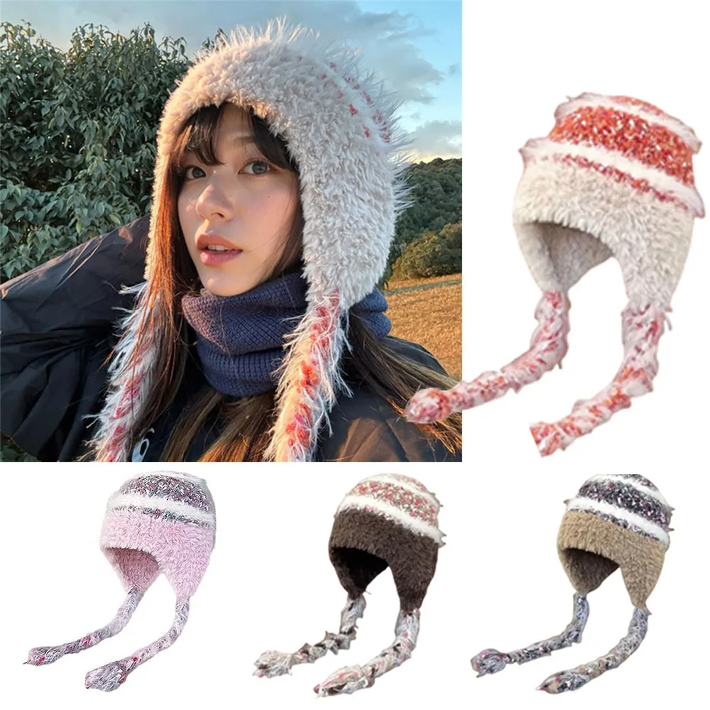 Colorful hand knitting hat female new autumn and winter warm earmuffs stripe matching hat