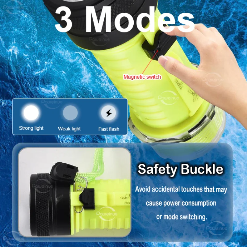 Diving Flashlight Rechargeable Strong Light Professional Diving Torch Scuba IPX8 Waterproof Submersible Fishing Lamp At Night