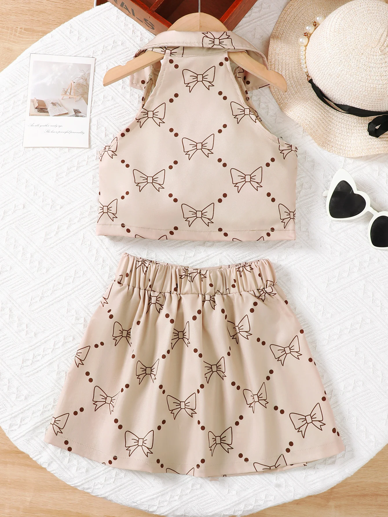 Girl Child Set Collar Bow Print Sleeveless Top and A-line Skirt Suitable for 4-7 Years Girl Child Summer Fashion Clothing