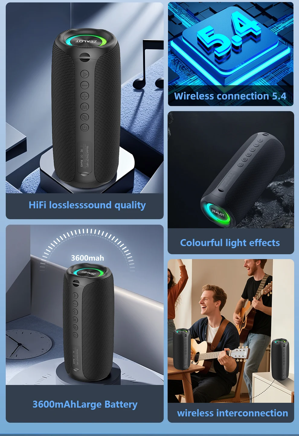 ZEALOT-MP2 Tragbarer kabelloser Lautsprecher, 20W, Bluetooth 5.4, Outdoor-Camping-Lautsprecher, wasserdichter Lautsprecher, 15 Stunden Wiedergabezeit – Detail 16