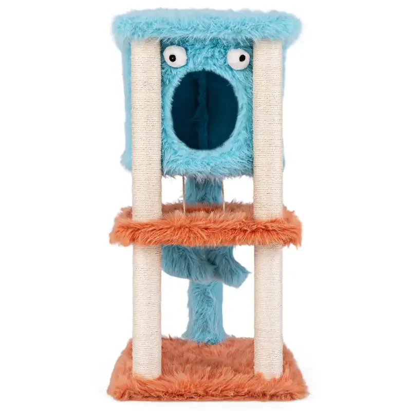 

Cute Monster-Themed Cat Tower with Private Condo and Soft Long Plush-Blue