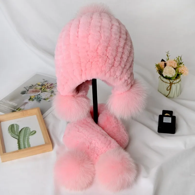 الأطفال الشتاء الدفء ريال ريكس أرنب الفراء قبعة وشاح مجموعات الفتيان والفتيات محبوك سميكة 100% ريال ريكس أرنب الفراء قبعة الأوشحة #6