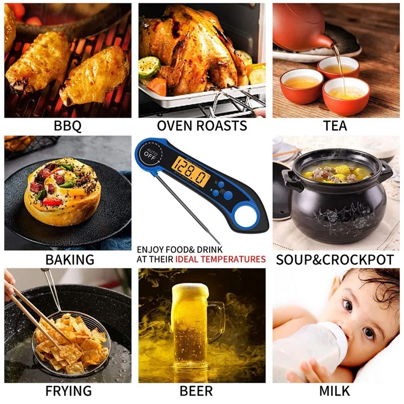 Instant Read Food Thermometer Waterproof Digital Meat Thermometer Foldable Probe For Cooking, BBQ, And Grill