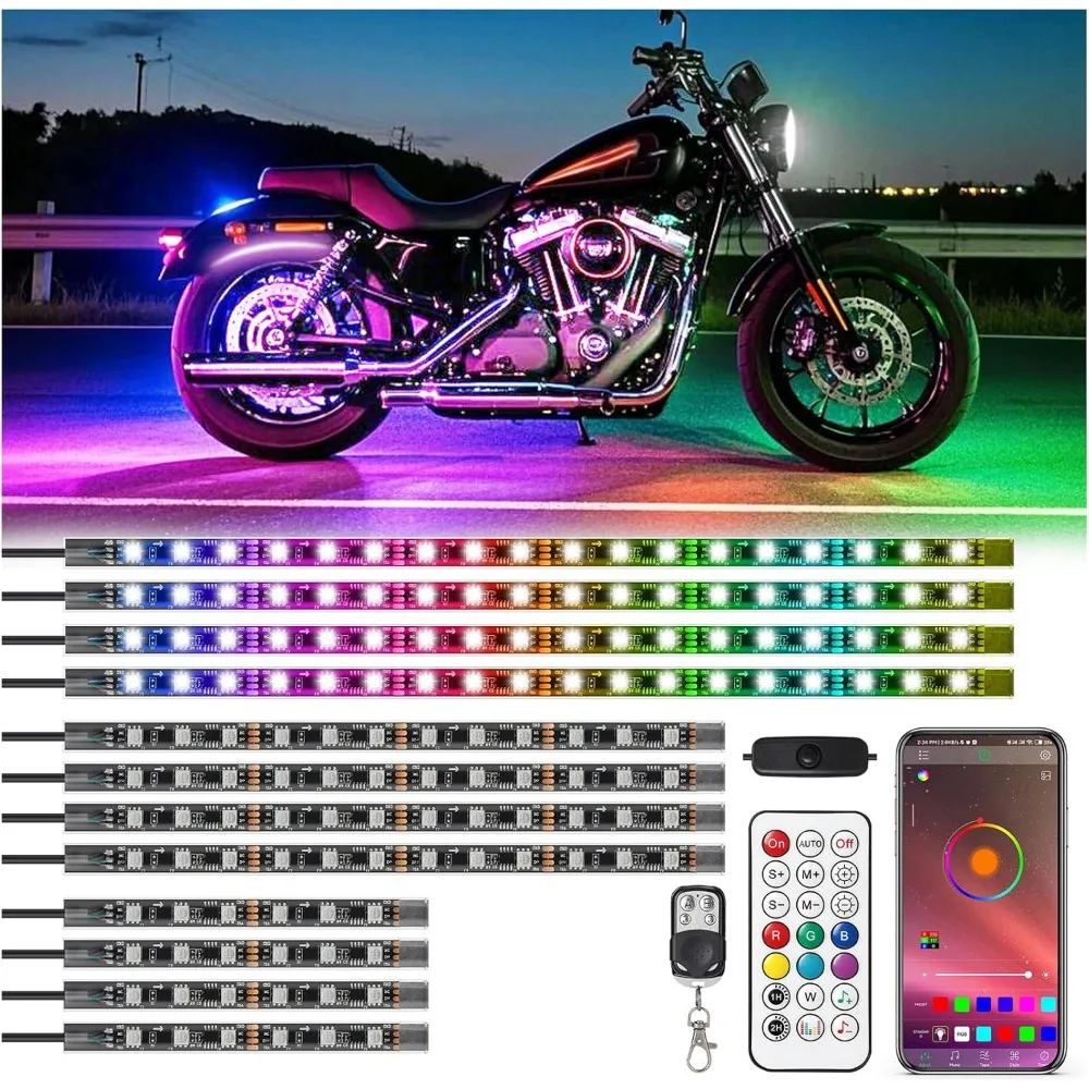 

12Pcs RGB IC Chasing LED Motorcycle Underglow Kit with App RF Remote Brake Turn Signal Waterproof Dreamcolor Neon Strip 12V