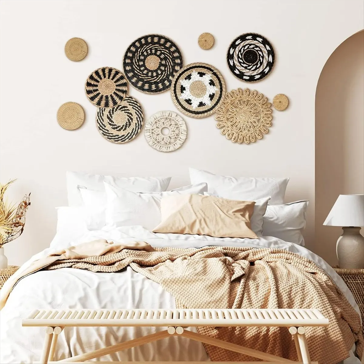 A72P 11 Pcs Boho Wall Basket Decor Decorative Bulrush Woven Basket Wall Decor Art Round Farmhouse Hanging Baskets