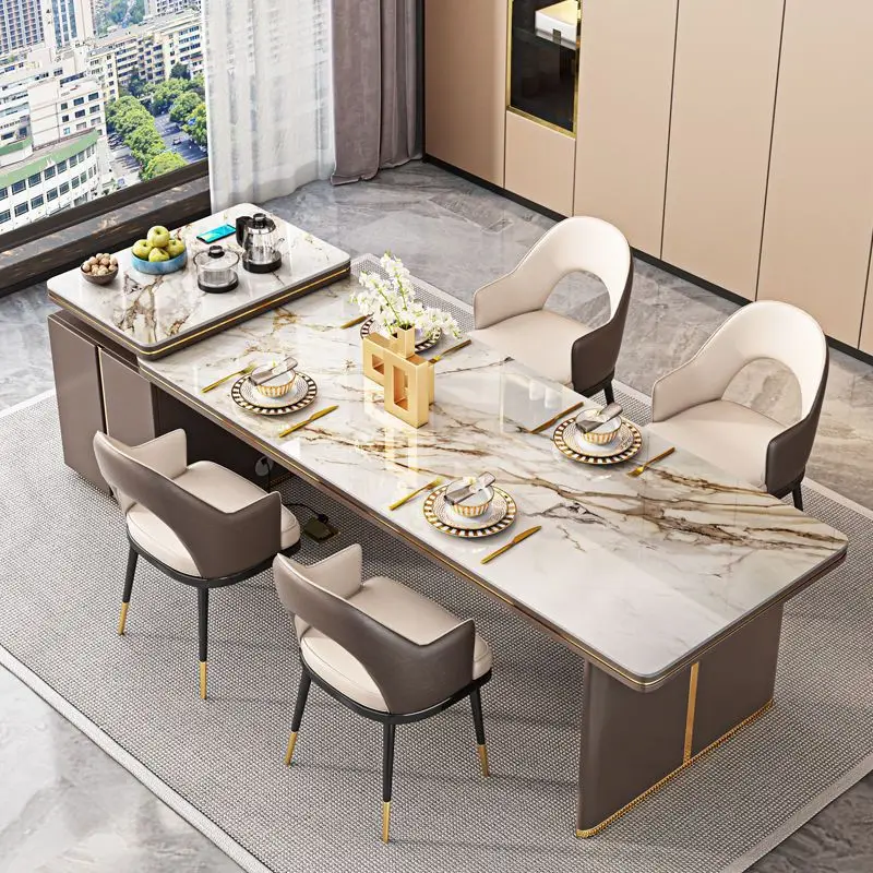 Mesa de té con forma de isla de losa de roca, combinación de mesa de comedor y silla de cocina para el hogar, sencilla y alargada integrada, de alta gama