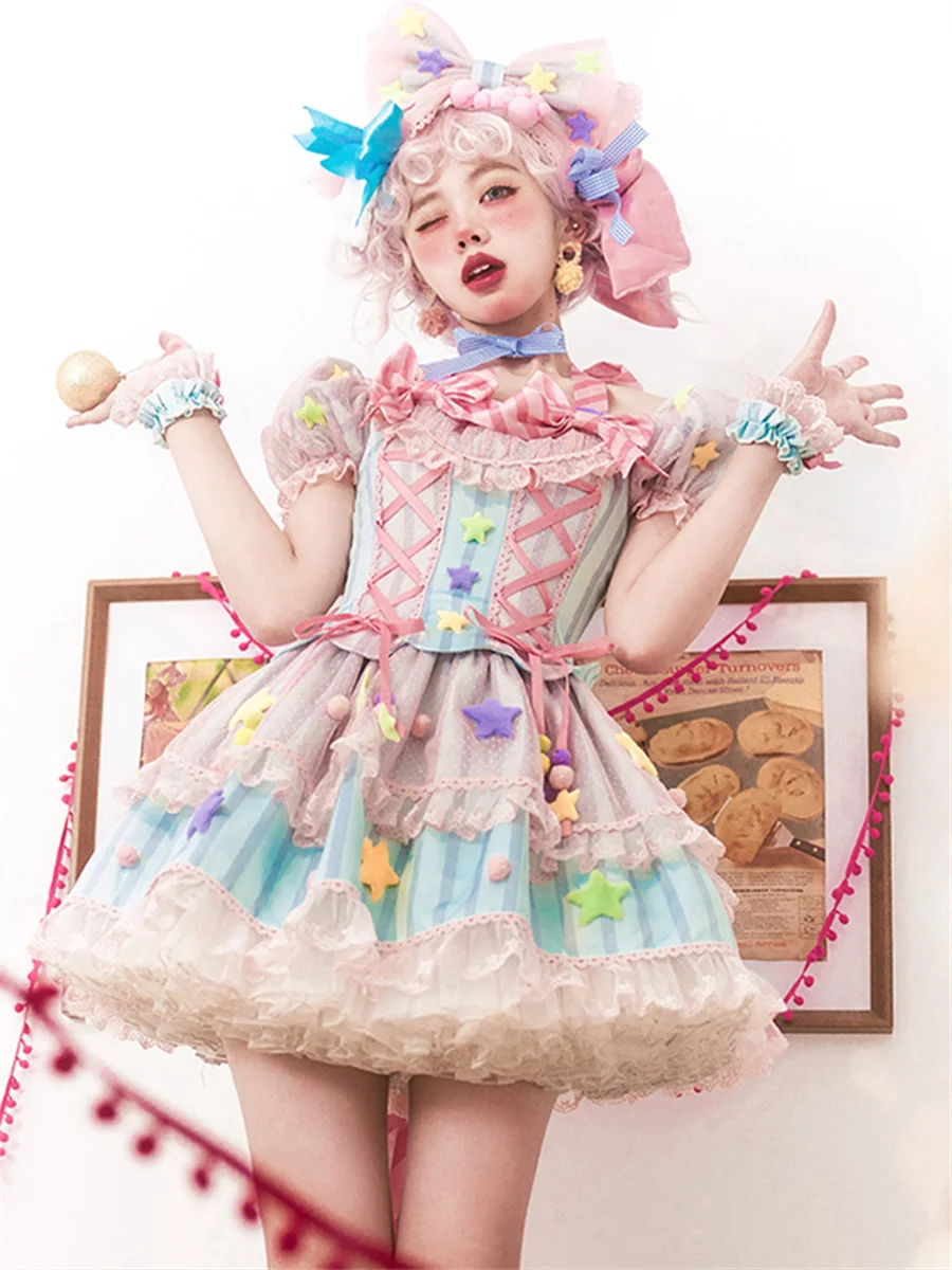 

Japanese Style Lolita OP Sweet Girls Cosplay Kawaii Lolita Cute Striped Mesh Candy Star Fur Ball Ribbon Bow Ruffle Dress