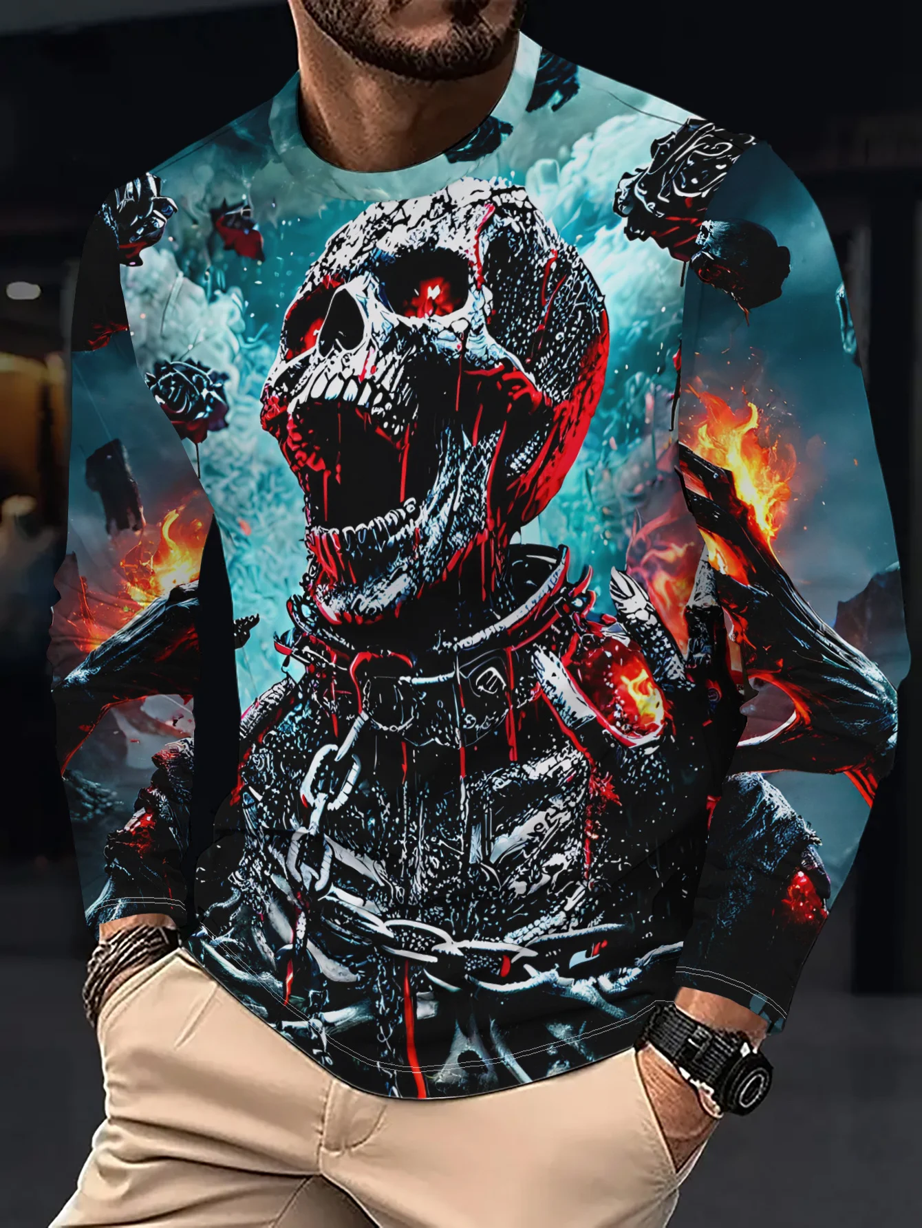 Men Halloween 3D Print Long Sleeve Sweatshirt Screaming Skeleton Chain Fire Pattern Crew Neck Pullover Casual