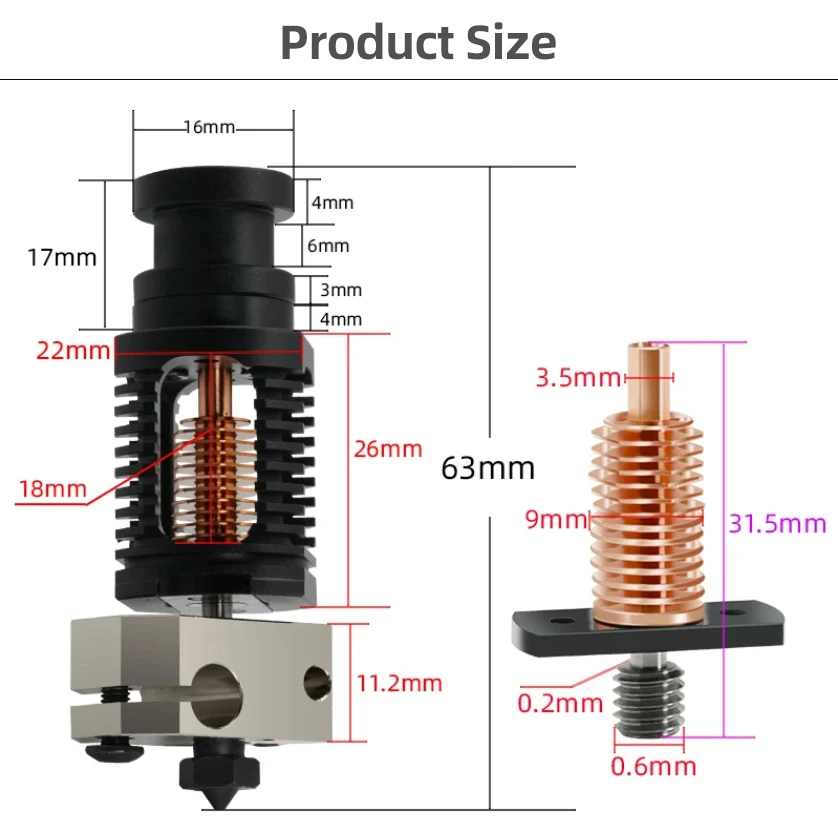 Imagem -06 - Hotend Bimetal Heatbreak Copper Nozzle v6 Ender3 v2 Ender3 Upgrade Ender3 Ender3 Ender3 0.4 Todo o Metal Alta Qualidade