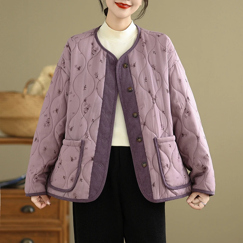 

Loose Fit round Ne Cotton Jaet Women's plus Size Retro Floral Print Winter Outerwear Comfortable Versatile Large Version