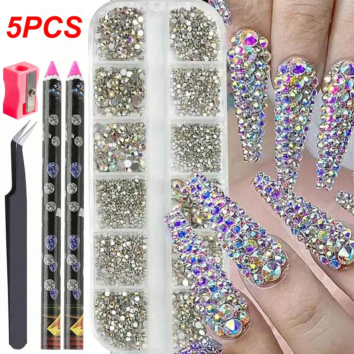 

5Pcs/Set Professional Multi-Size White AB Flatback Crystal Rhinestones, Clear Diamond DIY Nail Art Decorations Strass