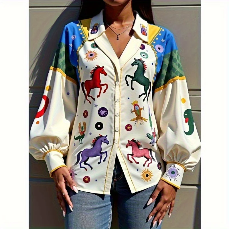 

Single Breasted Lapel Printed Lantern Sleeve Long Sleeved Shirt