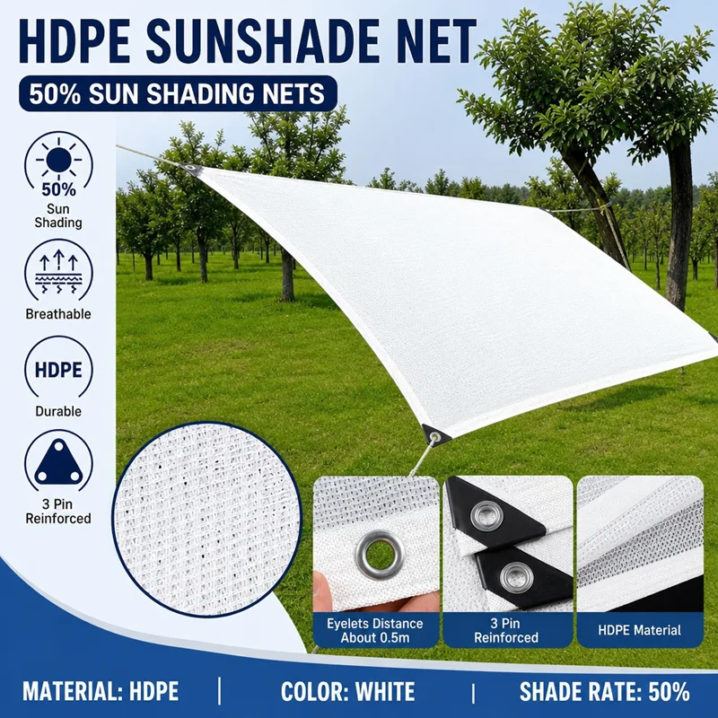 HDPE White Sun Shade Net 50% Shading Rate 3 Pin Reinforced Breathable Sunshade Cloth with Grommets for Garden Plant Greenhouse Patio Outdoor Sun Protection