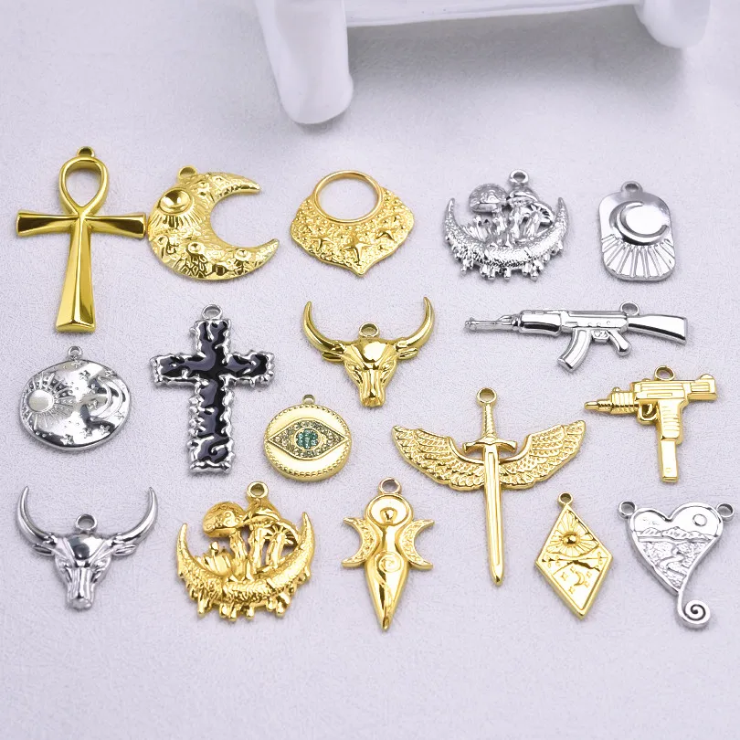 7 adet/grup paslanmaz çelik DIY din çapraz hançer kılıç Charms takı çeşitli cadılık güneş ay Pentagram kolye yapma