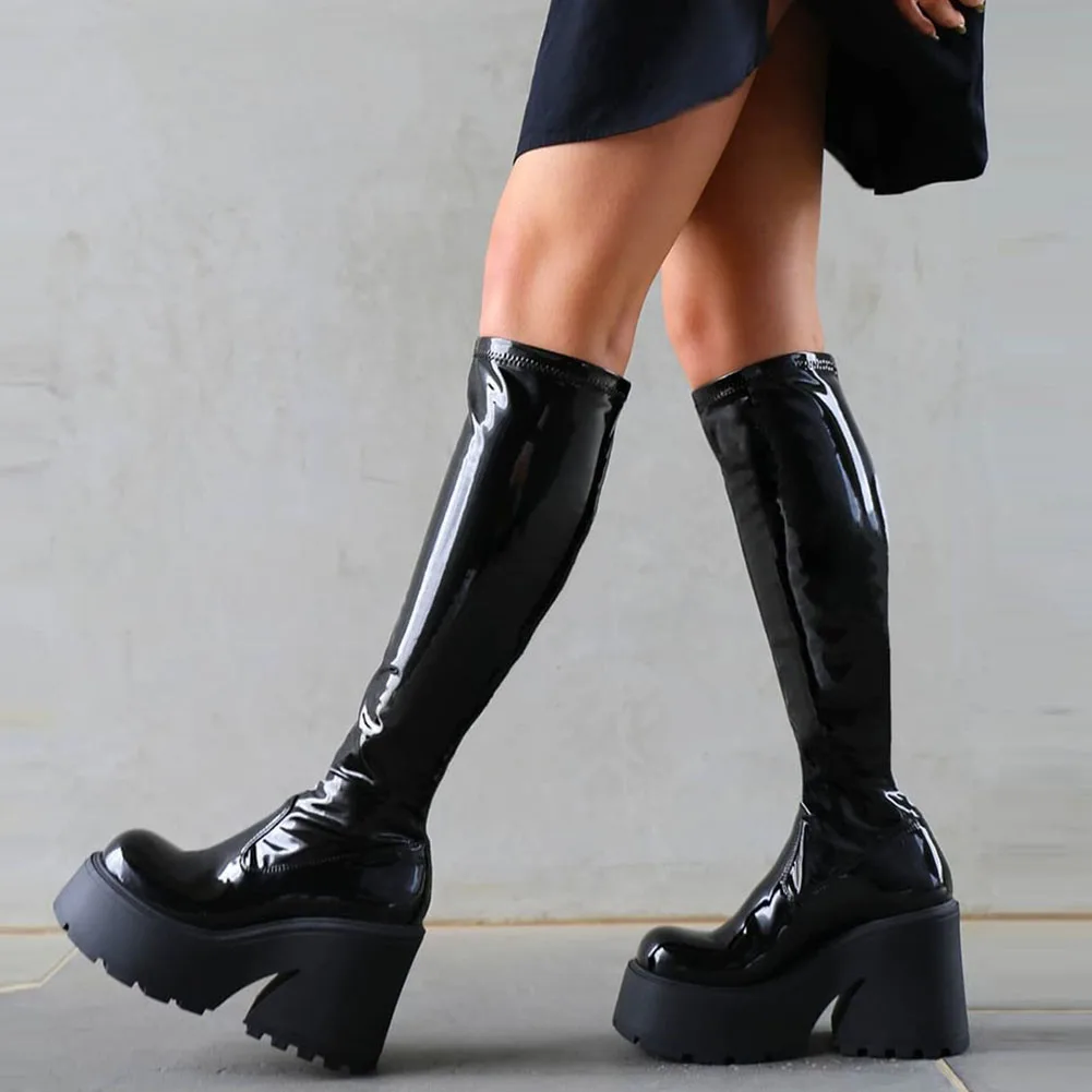 Platform Chunky High Heeled Women Knee High Boots Fashion Cool Round Toe Cute Sweet Heeled Boots Gothic Uniform Dress Shoes