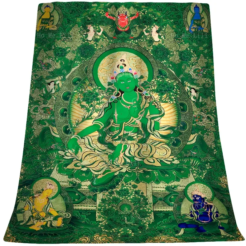 Green Tara Sitting On The Lotus Moon Wheel Buddhism Thangka Art Flannel Blanket By Ho Me Lili Fit For Home All Seasons Use