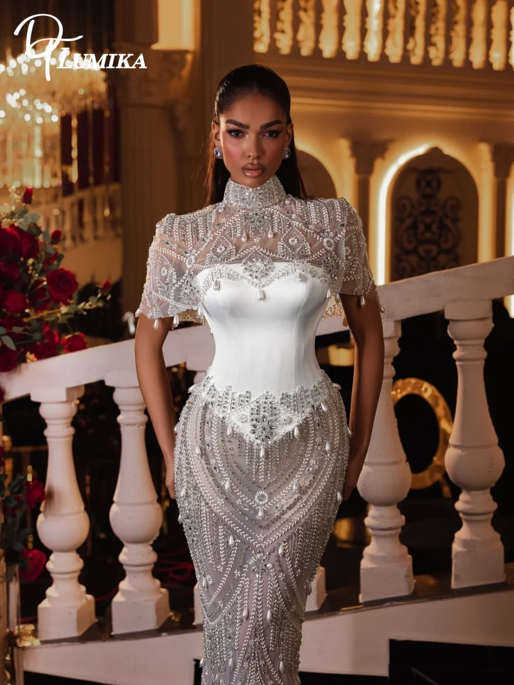 

Роскошное свадебное платье-русалка с высоким воротом, расшитое бисером, с прозрачными рукавами-накидкой, для невесты, длиной в пол, на заказ, Vestido De Novia