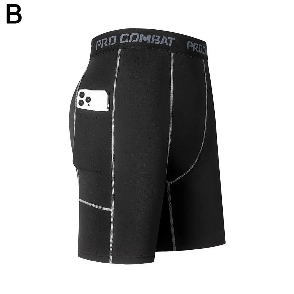 Calça curta de compressão masculina, elástica, secagem rápida, corrida, calça de ginástica, tamanho apertado, fitness, preto, treinamento, shorts de bolso grande, I0D6