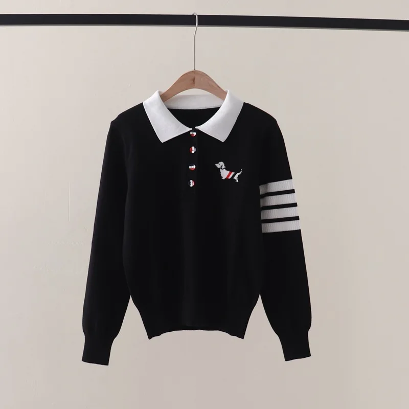 Knitted Women's Polo Collar Top Autumn/Winter New Top Women's Embroidered Striped Age Reducing Collar Long Sleeve Knitted Base