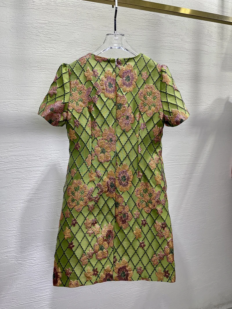 MIUXIMAO 2025 mode Royal luxe Jacquard robes d'été 3D fleurs diamants robe a-ligne courte robe verte femmes Vestides