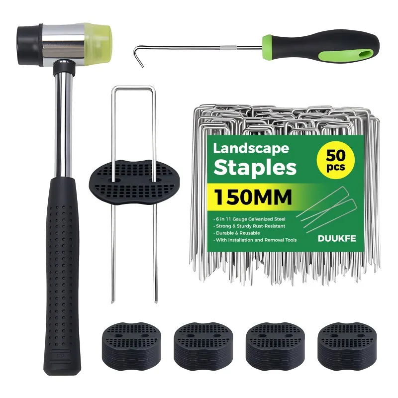 U Shaped Galvanized Landscape Staples Weed Barrier Stakes With Rubber Mallet Pick Hook Gasket Included for Yard Sod Weed Mat