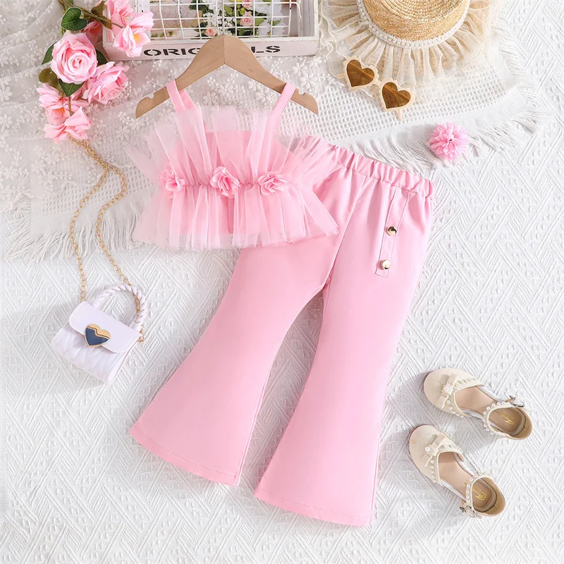 

Children Clothing Summer Girls Pink Outfit Sets Lace Mesh Floral Crop Tube Tops+Flared Pants Kids Clothes Girls Elegant Sets