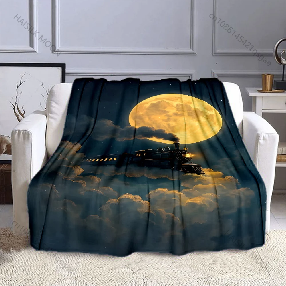 1PC Steam train in moonlit clouds Print Adult Children Warm Blankets Home Travel Car Soft Comfortable Suitable for all seasons