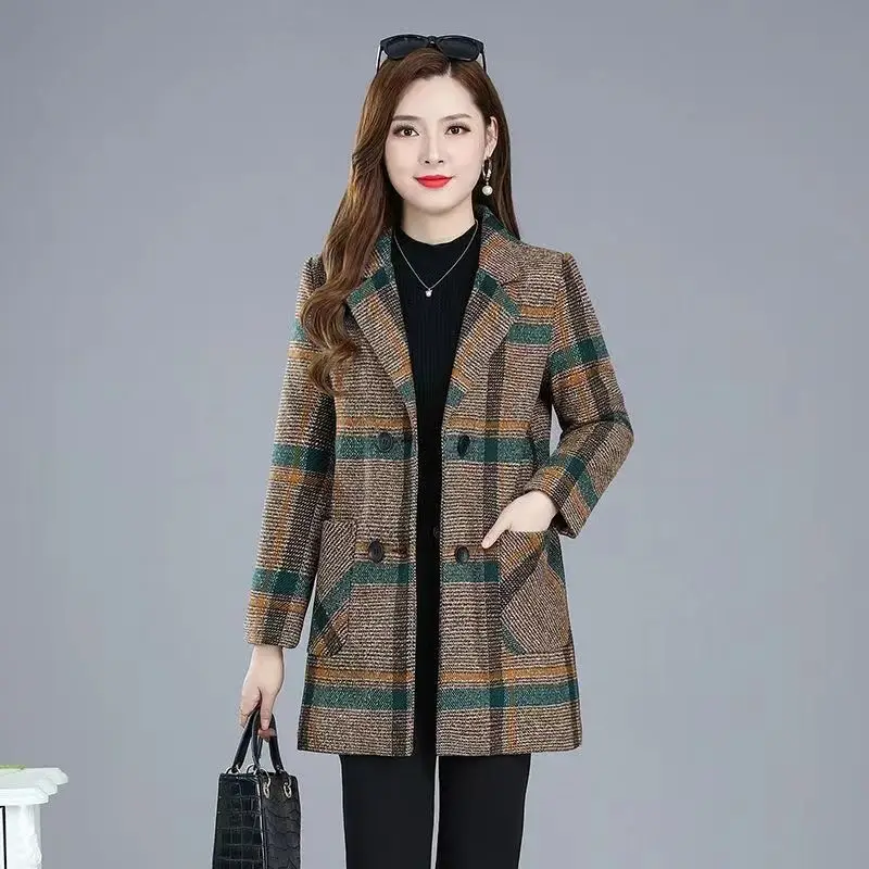 Mom\'s Plaid Coat Thickened High-end Woolen Coat Middle-aged and Elderly Women\'s Long Woolen Coat