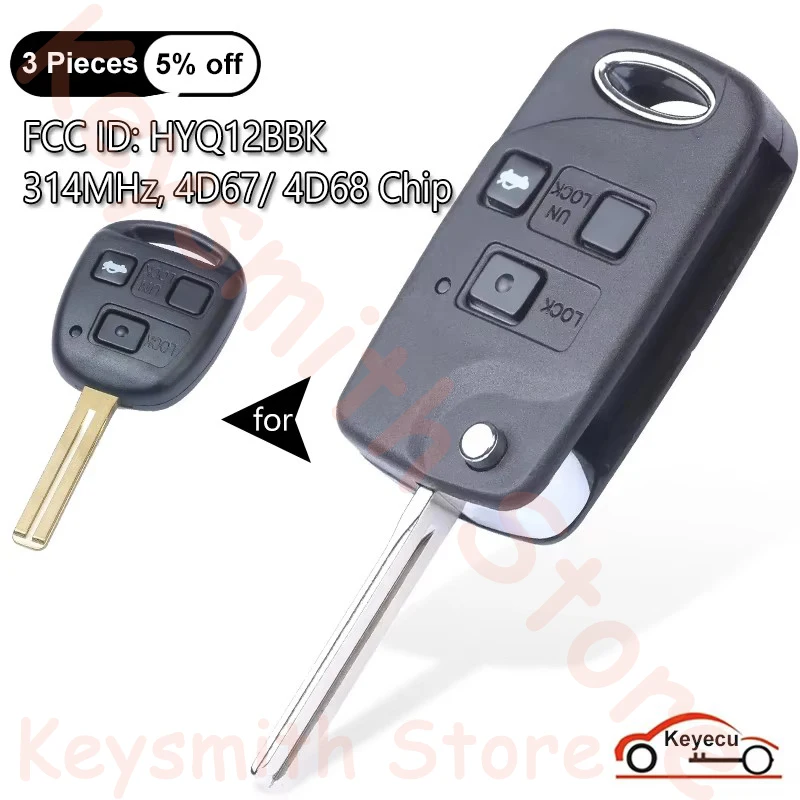 KEYECU 3 Buttons 314MHz 4D67 4D68 Chip for Lexus SC430 2002-2010, LS430 2001-2006 Auto Remote Control Key Fob FCC ID: HYQ12BBK