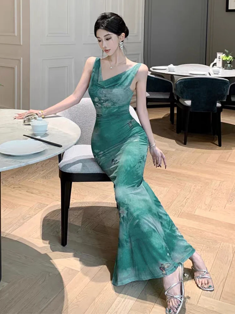 RORORIRI Y2k vestido sin mangas con estampado de mariposa y cuello vuelto para mujer, vestido largo plisado ajustado con espalda descubierta, vestido largo de sirena, ropa Retro elegante