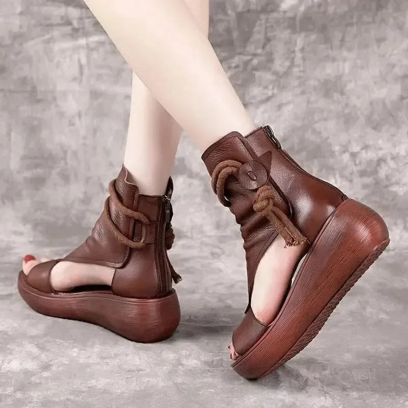 Ladies Vintage PU Leather Cool Boots Fashion Women Sandals Summer Mid Heels Wedges Shoe Sandalias Mujer Sapato Feminino