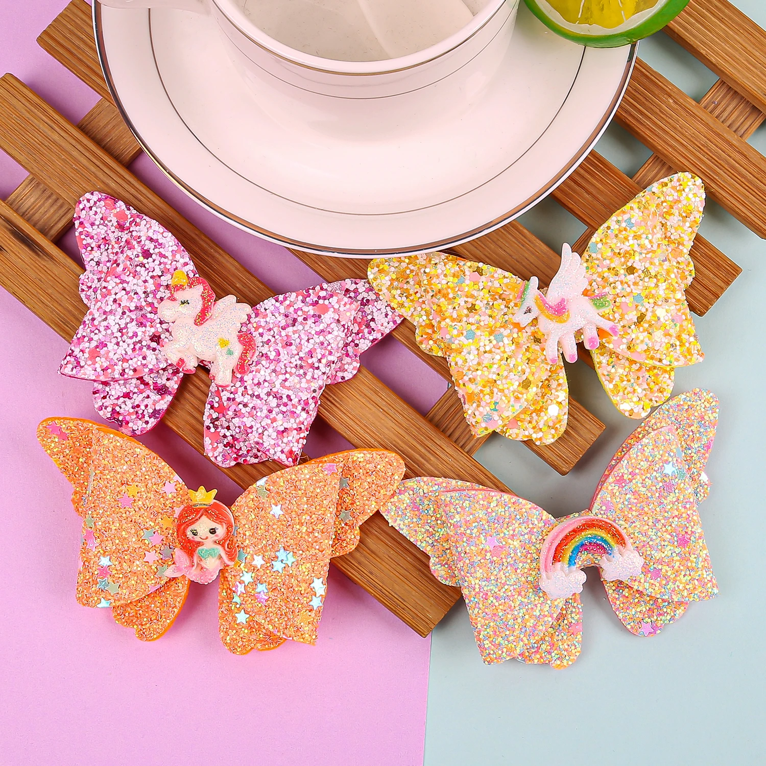 4PCS Cute Unicorn Hair Bows with Clip Girls 3inch Glitter Butterfly Hair Bows Hairpins Barrettes Kids Children Hair Acesssories