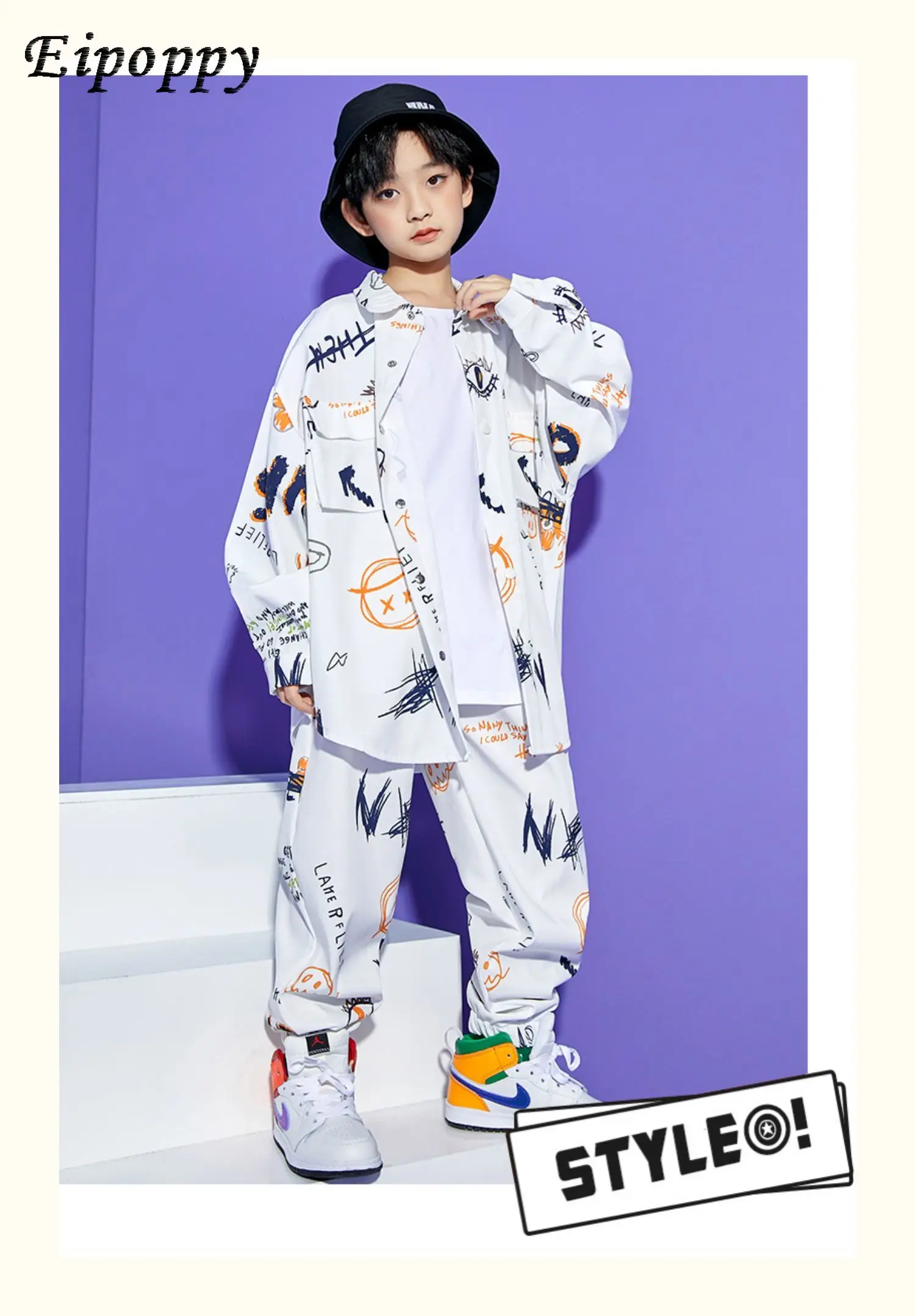 Hip-hop costumes, men's and girls' loose Korean prints, trendy cool handsome, fried street drum performances, hip-hop costumes