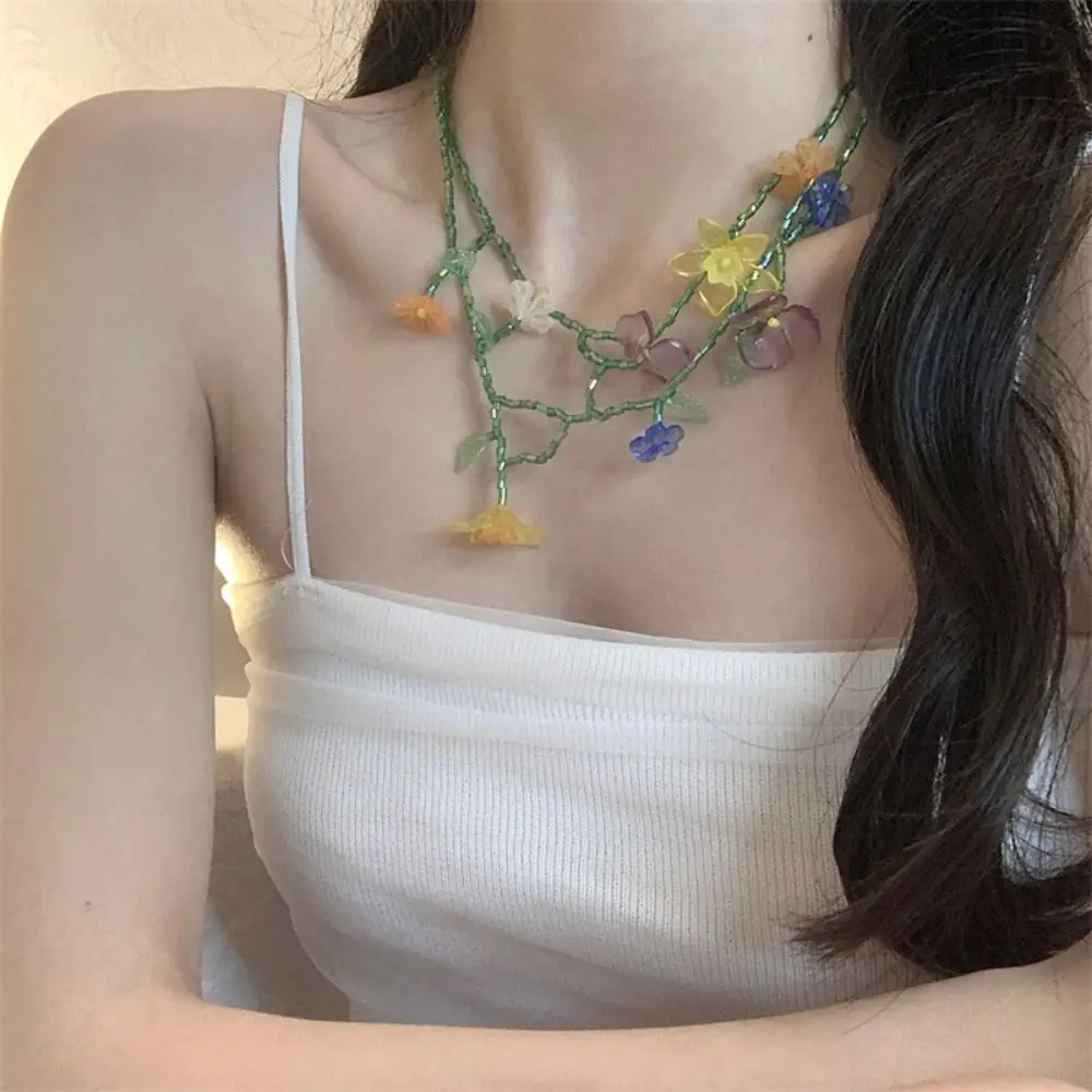Handmade Resin Flower Necklace Korean Style Minority Design Beaded Dangle Earring Tassel Jewelry Accessories Asymmetric Earrings