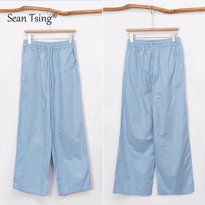 

Women's cotton and linen lace up loose straight leg pants French casual sports outdoor simple basic outfit