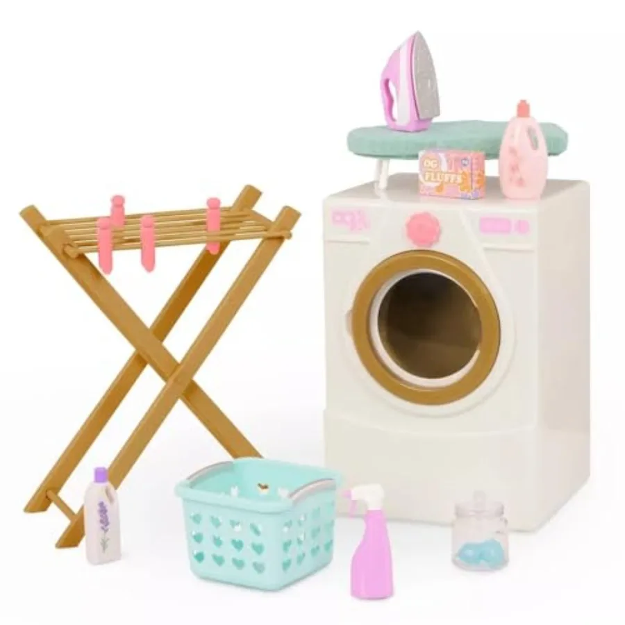 

18 Doll Laundry Set - Tumble Spin Washer Hamper Drying Rack Ironing Board Accessories - White Plastic - Modern/Contemporary
